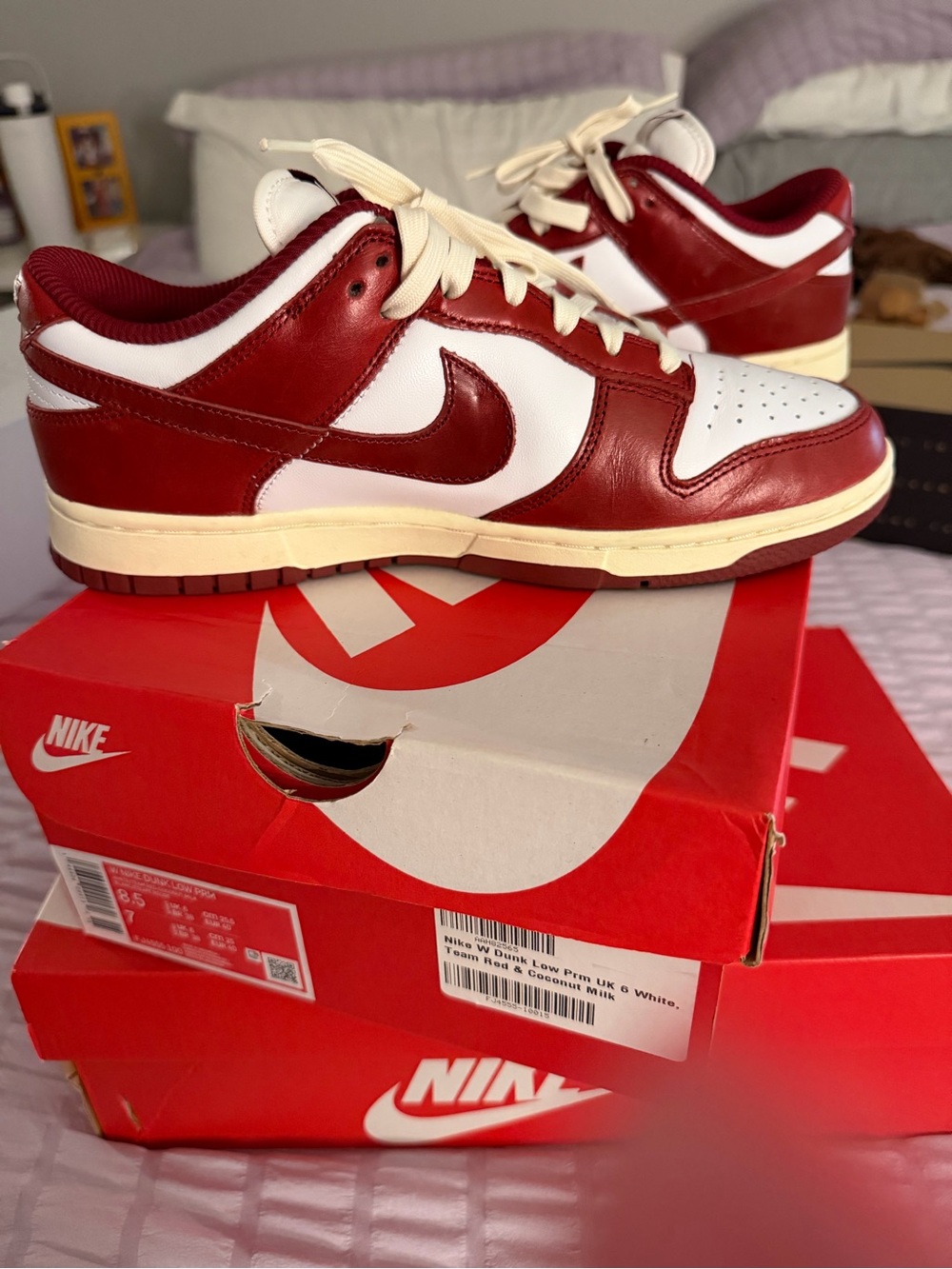 Nike Dunk Sneakers in White & Red with Cream Laces - Picture 4 of 6